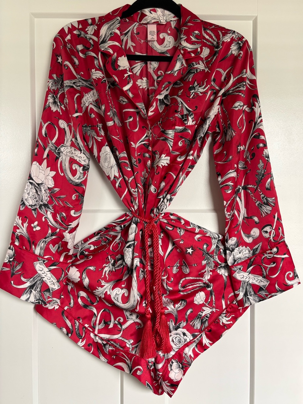 Victoria's Secret Red Floral Satin Tie-Waist Romper